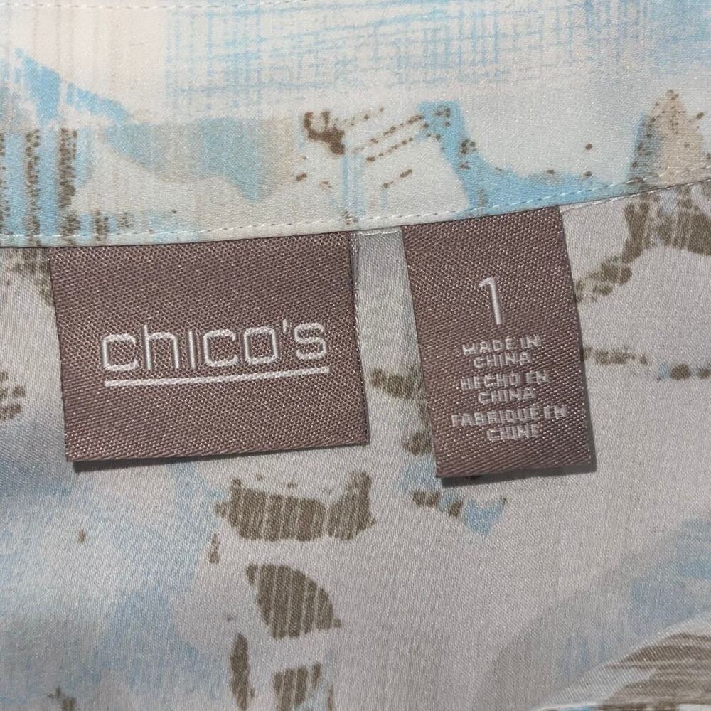 Chico's Multi Color Roll tab Sleeve Button up Blouse SZ 1 Medium Casual Chic Top - Picture 3 of 5